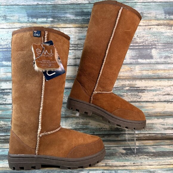 EMU Australia Shoes - Emu Australia Knee High Boots Brown Sheepskin Wool Lined Pull On Lug Sole Size 6
